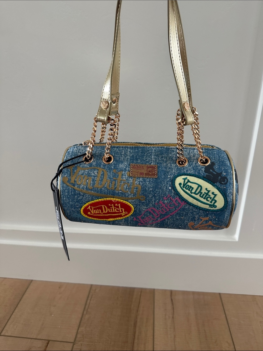Von Dutch Denim Barrel Shoulder Bag in Blue with Gold Accents
